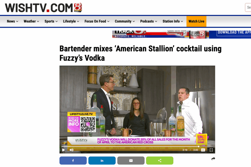 WishTV.com headline about Fuzzy's Vodka that reads: Bartender mixes "American Stallion" cocktail using Fuzzy's Vodka